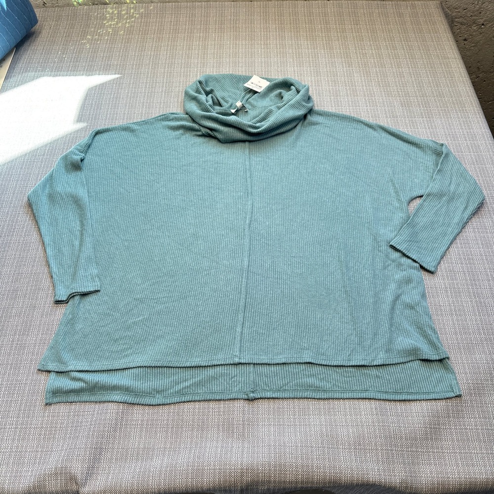 New Status Teal Ribbed Cowl Neck Tunic Top Medium Oversize Cozy Shirt Lounge
